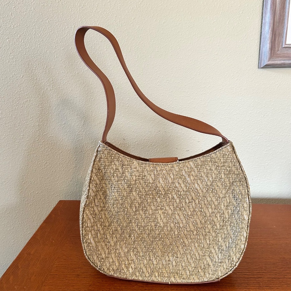 Fossil Vintage Purse Hobo Style Shoulder Bag Straw Weave with Leather Trim/Strap - Picture 6 of 8